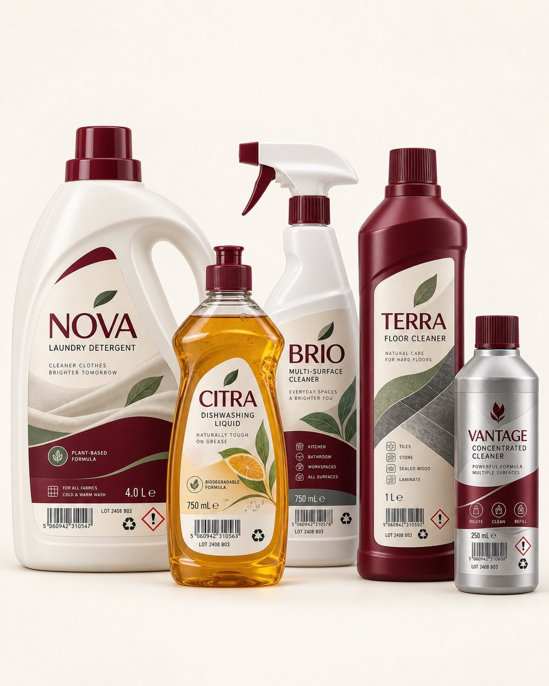 Detergent and cleaning packaging labelled by Etalex
