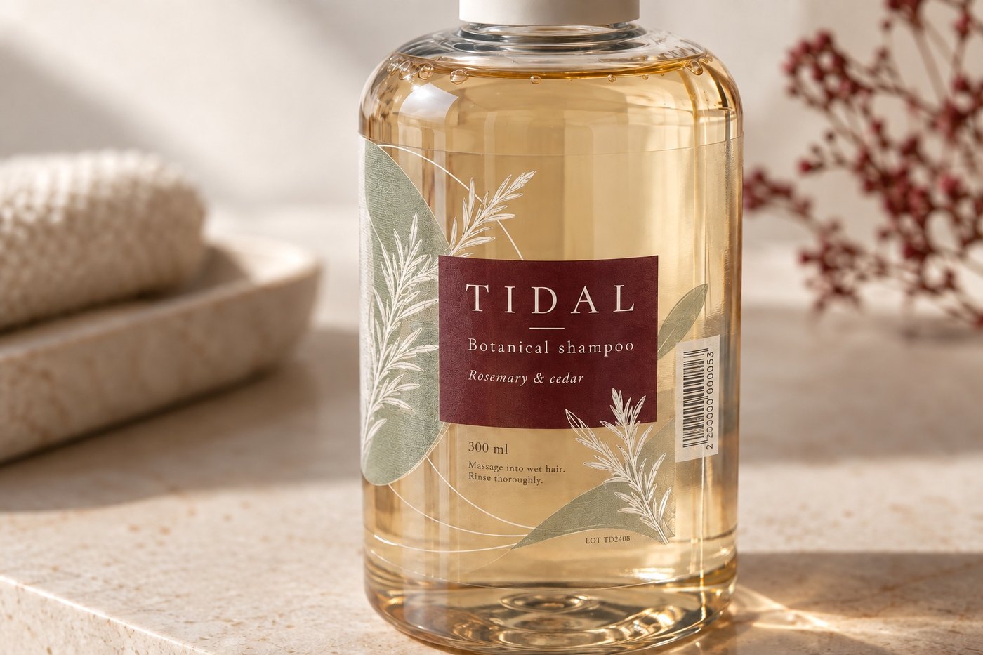 A botanical shampoo bottle label