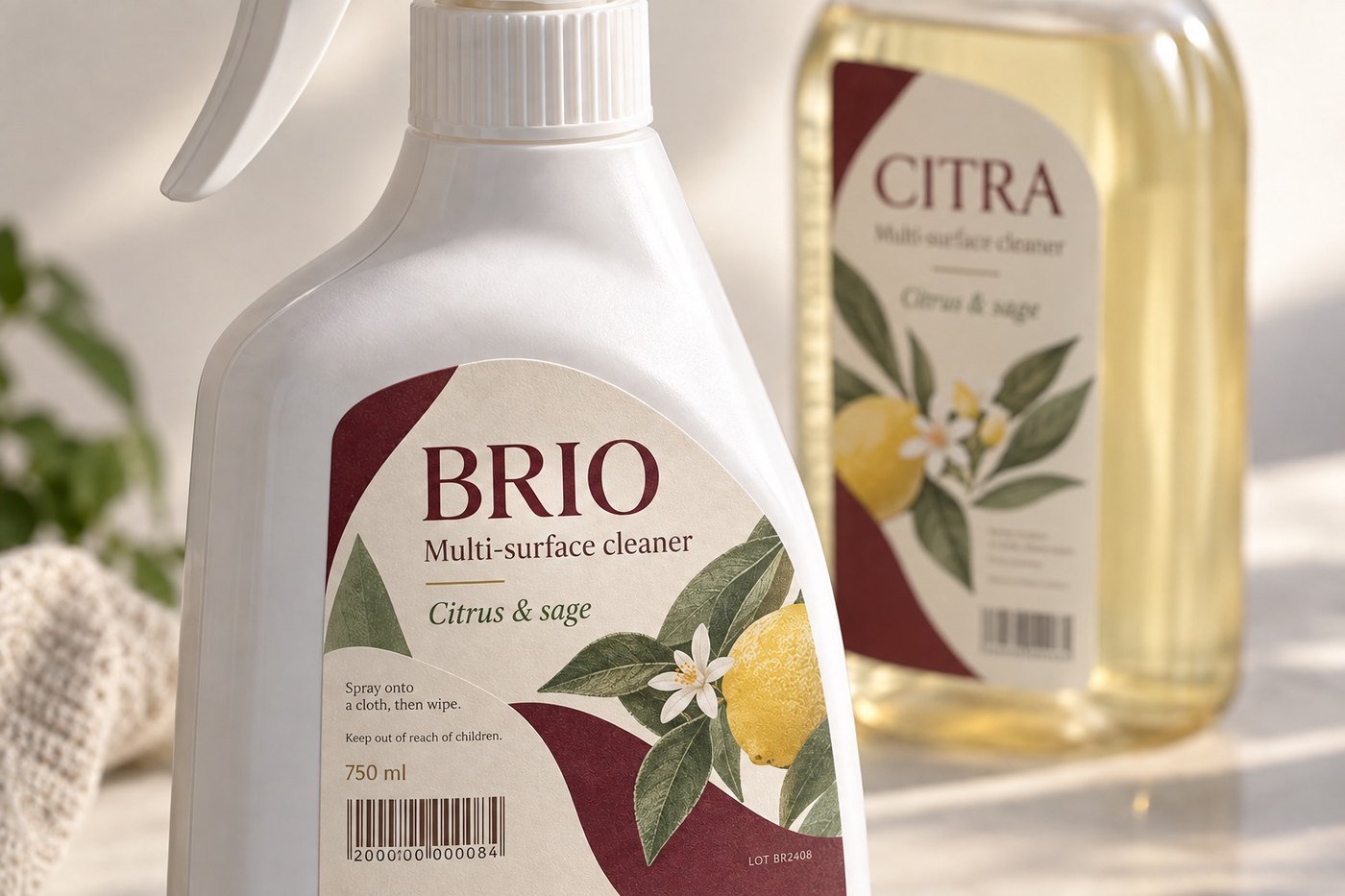 Labels on a multi-surface cleaner and a citrus cleaner bottle